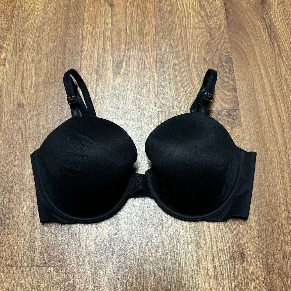 Victorias Secret Solid Black Lined Underwire Demi Bra Sz 34DD Gold V Multi-way